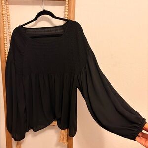 Smocked Square-Neck Black Blouse with Balloon Sleeves